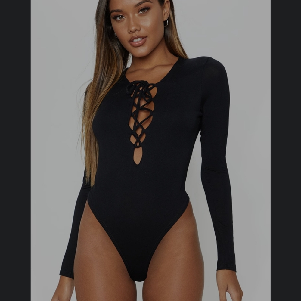 GO JANE NWOT BLACK TIE UP FRONT BODY SUIT SIZE M/L